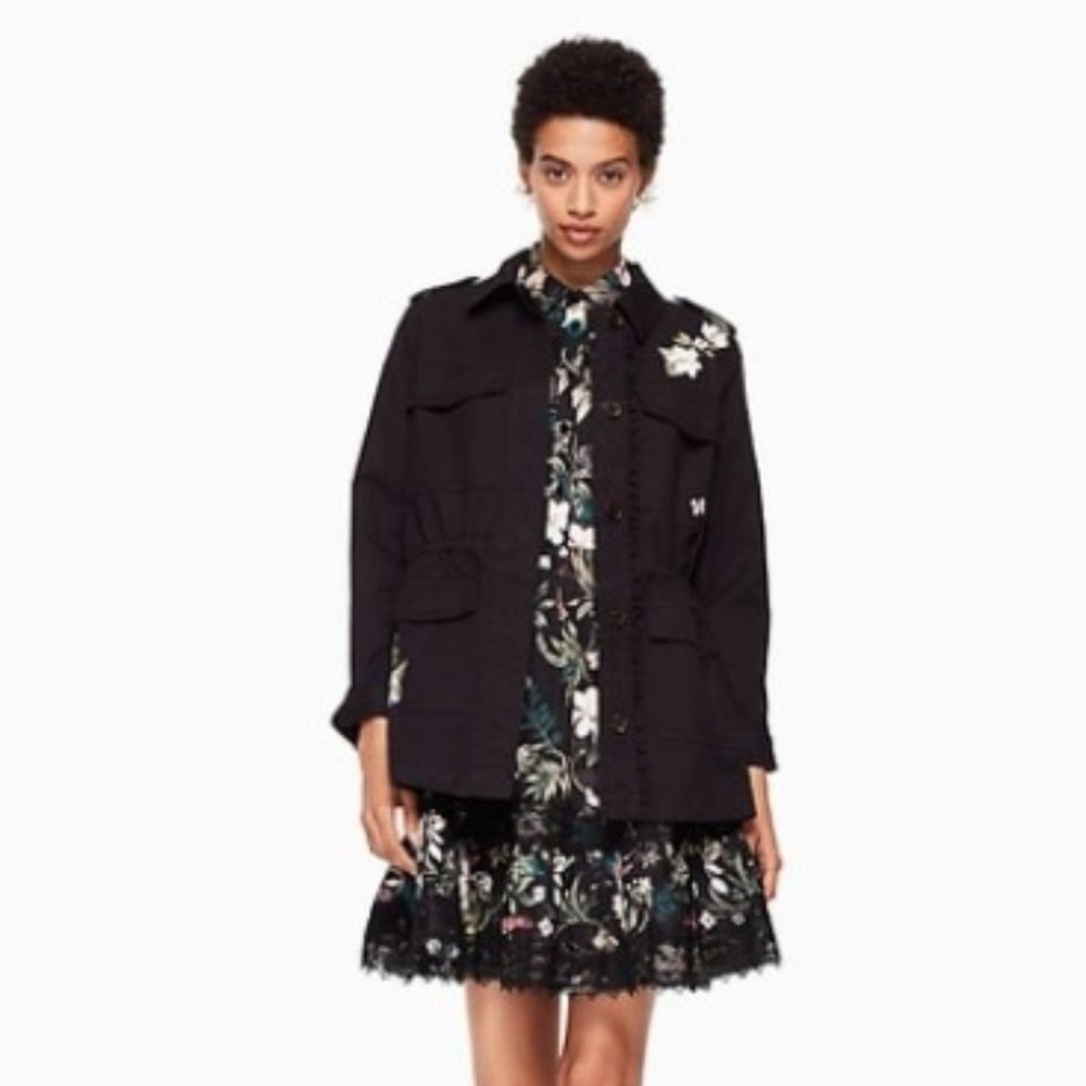 NWOT Kate Spade Floral Four Pocket Army Jacket In Black, XS